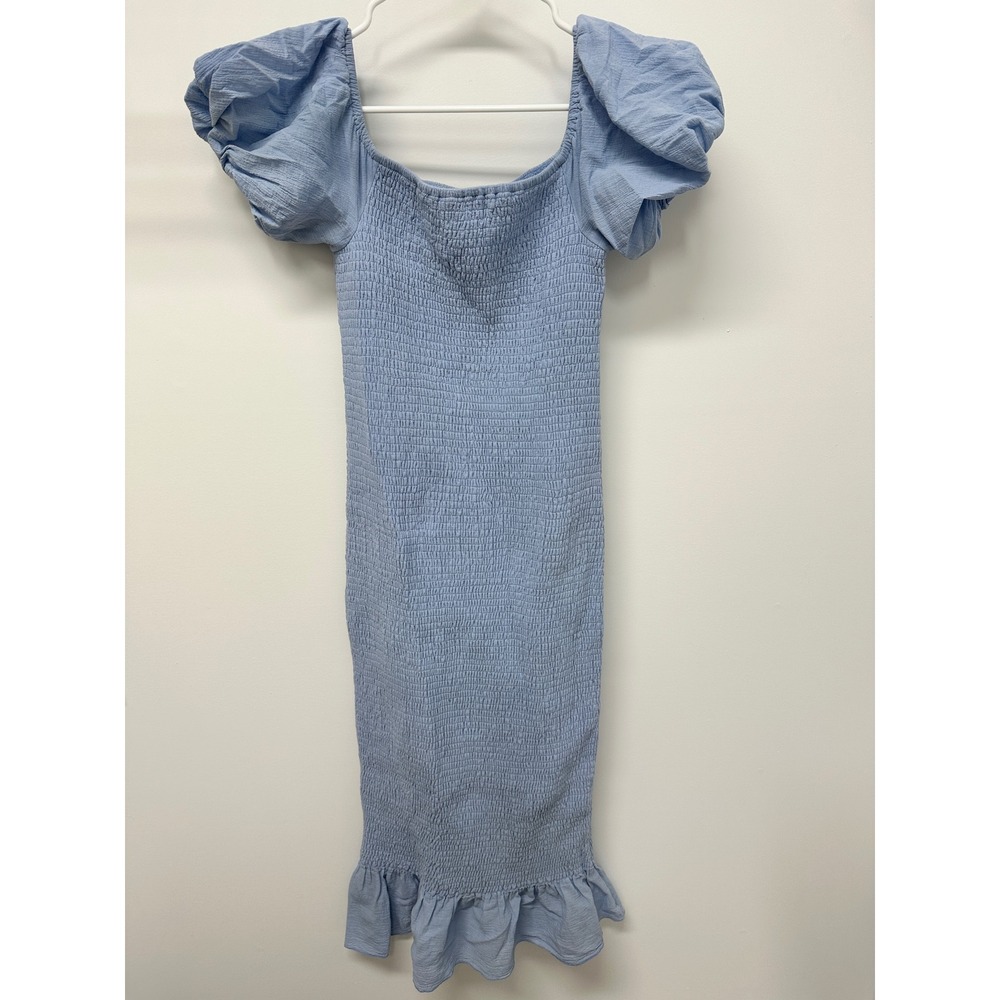 Baltic Born Alana Smocked Puff Sleeve Midi Dress Light Blue Cotton Size M